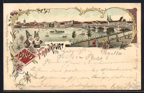 Lithographie Frankfurt a. O., Uferpartie mit Brücke, Zwei Zwerge