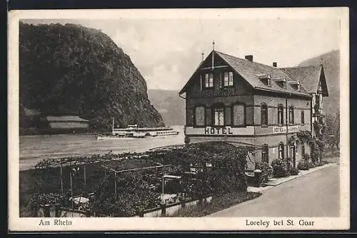 AK St. Goar, Hotel Loreley gegenüber vom Loreleyfelsen, Rhein-Dampfer