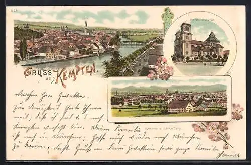 Lithographie Kempten / Allgäu, Teilansicht vom Lorterberg, Katholische Kirche, Uferpartie