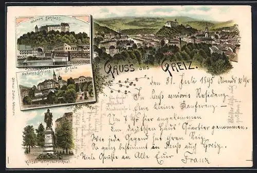 Lithographie Greiz, Oberes Schloss, Unteres Schloss mit Schule, Kaiser Wilhelmdenkmal