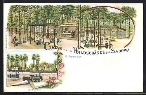 Lithographie Berlin-Köpenick, Gasthaus Waldschänke, Bahnhof Sadowa