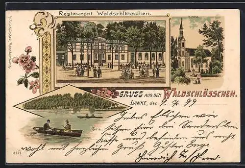 Lithographie Lanke, Gasthaus Waldschlösschen mit Gartenlokal, Kirche, Ruderboote auf dem See