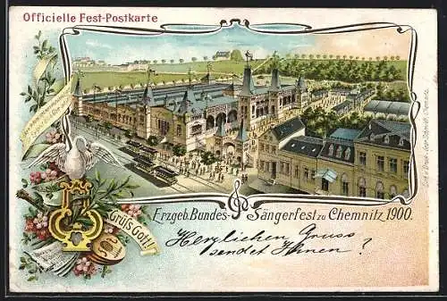 Lithographie Chemnitz, Erzgeb. Bundes-Sängerfest 1900, Festplatz von oben, Harfe, Schwan, Laute