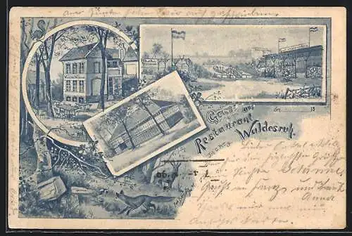 Lithographie Berlin-Zehlendorf, Ansichten vom Restaurant Waldesruh