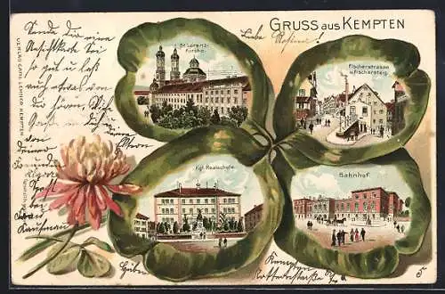 Passepartout-Lithographie Kempten / Schwaben, St. Lorenz-Kirche, Fischerstrasse, Bahnhof, Kleeblatt