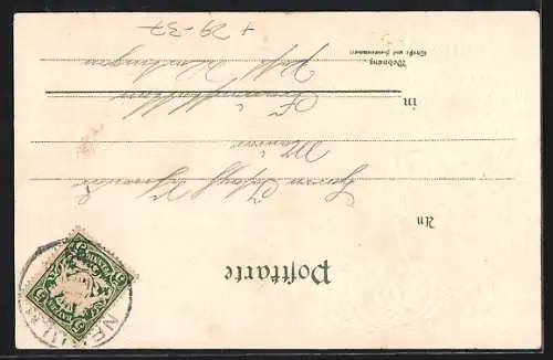 Passepartout-Lithographie Neu-Ulm, Partie an der Donau, Wappen