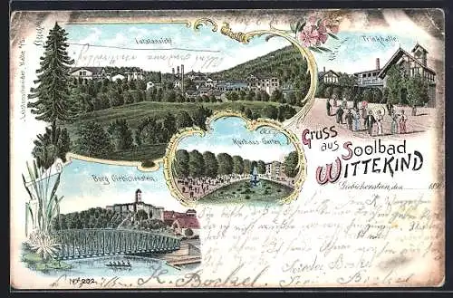 Lithographie Giebichenstein, Totalansicht mit Trinkhalle, Soolbad Wittekind, Kurhaus, Burg