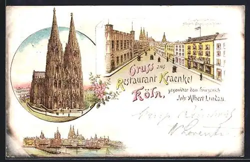 Lithographie Köln, Strassenansicht mit Restaurant Kraenkel, Rheinpanorama, Dom