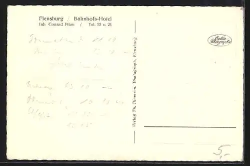 AK Flensburg, Bahnhofs-Hotel C. Prien mit Strasse