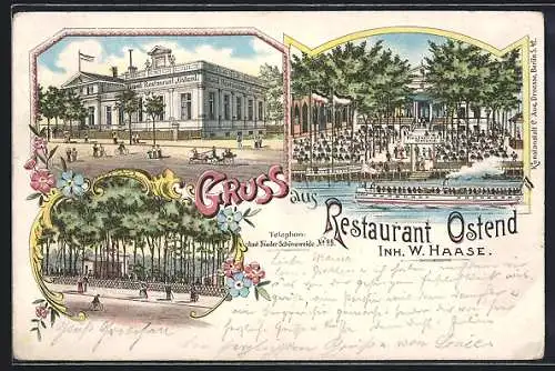 Lithographie Berlin-Niederschöneweide, Restaurant Ostend W. Haase von der Strasse u. vom Wasser aus, Gartenansicht