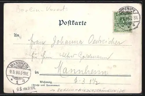 Lithographie Berlin-Niederschöneweide, Restaurant Ostend W. Haase von der Strasse u. vom Wasser aus, Gartenansicht