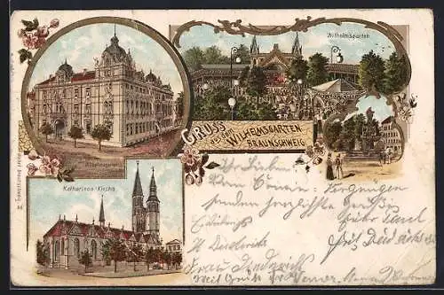 Lithographie Braunschweig, Wilhelmsgarten, Katharinen-Kirche