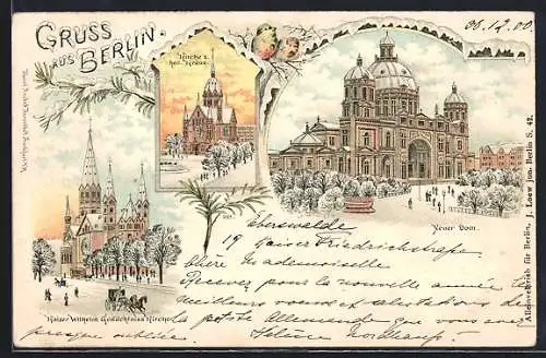 Winter-Lithographie Berlin, Neuer Dom mit Umgebung, Kaiser Wilhelm-Gedächtniskirche mit Strasse, Vögel