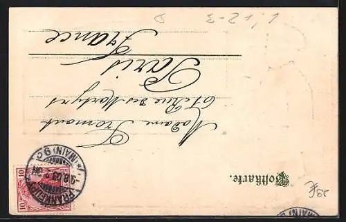 Lithographie Alt-Frankfurt, Eiserner Steg, Klingelnder Briefträger mit Brief, Briefkasten