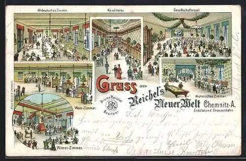 Lithographie Chemnitz, Gaststätte Reichels Neue Welt B. Reichel, Innenansichten: Altdeutsches Zimmer, Konditorei, Wiener