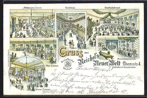 Lithographie Chemnitz, Gaststätte Reichels Neue Welt B. Reichel, Innenansichten: Saal, Wein-Zimmer, Konditorei