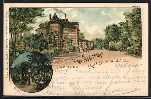 Lithographie Leutzsch /Leipzig, Gaststätte Waldhof mit Strasse, Gartenansicht am Abend