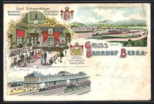 Lithographie Bebra, Bahnhofs-Restaurant von Carl Schwerdtfeger, Bahnhof