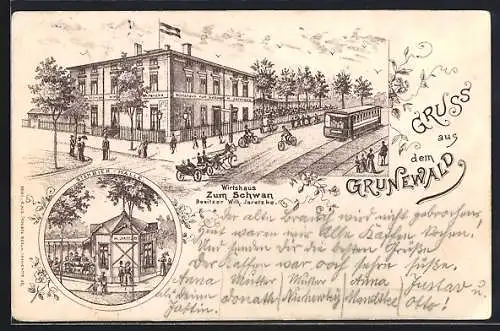 Lithographie Berlin-Grunewald, Gaststätte Wirtshaus zum Schwan W. Jaretzke mit Strassenbahn u. Garten, Stehbier-Halle