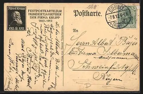 AK Hundertjahrfeier der Firma Krupp, Gedenkstein Alfred Krupp (1812-1912)