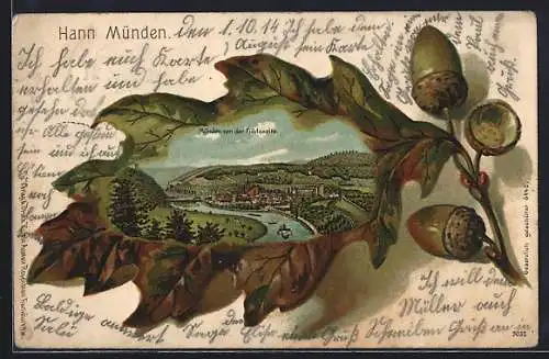 Passepartout-Lithographie Hann Münden, Stadt von der Fuldaseite, Ansicht auf Eichenblatt