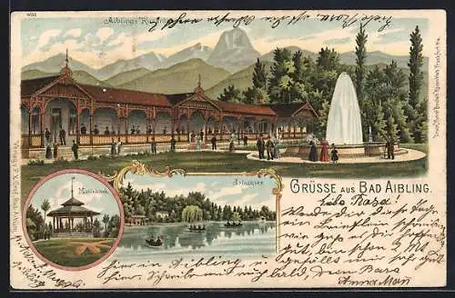 Lithographie Bad Aibling, Blick auf Kuranlagen, Musikkiosk und Ruderboote auf dem Irlachsee