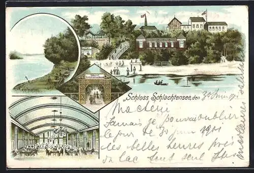 Lithographie Berlin-Schlachtensee, Gasthaus Schloss Schlachtensee, Uferpartie