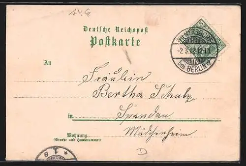 Lithographie Berlin-Wilmersdorf, Gaststätte Seebad O. Schramm, Eingang u. Garten mit Besuchern, Ortspanorama mit Kirche
