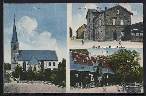 AK Monsheim, Bahnhof, Schloss und Kirche