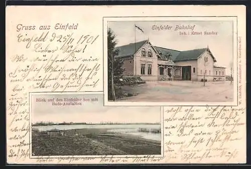 AK Einfeld, Bahnhof mit Gaststätte E. Sander, Einfelder See mit Badeanstalten