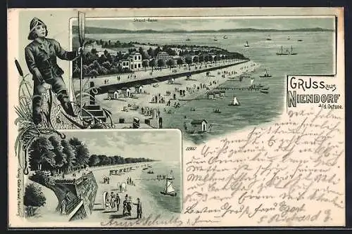 Mondschein-Lithographie Niendorf /Ostsee, Strand mit Strand-Bazar aus der Vogelschau, Strandpartie mit Mauer, Fischer