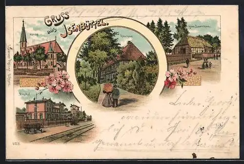 Lithographie Isenbüttel, Ritterhaus, Altes Bauernhaus, Bahnhof