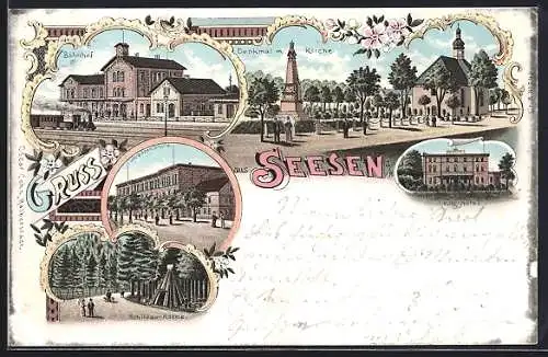 Lithographie Seesen, Kur-Hotel, Bahnhof, Jacobsen-Schule