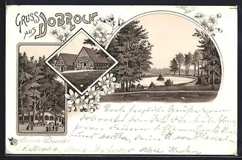 Lithographie Dobrock, Gasthaus mit Garten, Teichpartie