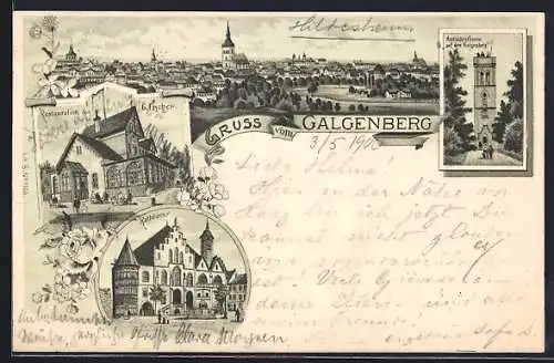 Lithographie Hildesheim, Gasthaus von G. Fischer, Aussichtsturm auf dem Galgenberg, Rathaus