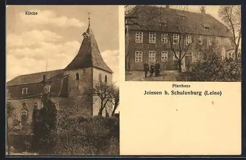 AK Jeinsen bei Schulenburg /Leine, Pfarrhaus mit Familie, Kirche