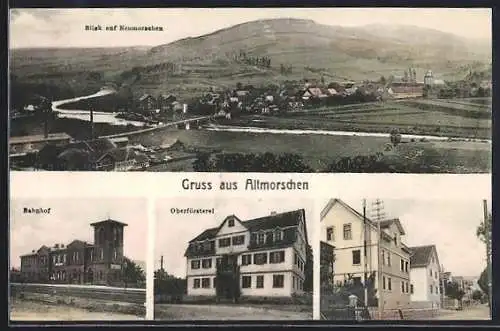 AK Altmorschen, Bahnhof, Oberförsterei, Strassenpartie, Ortsansicht Neumorschen mit Fluss und Bergpanorama