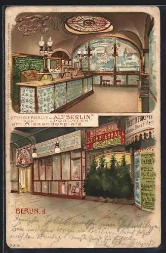 Lithographie Berlin, Gasthaus Stehbierhalle Alt-Berlin des Prälaten, Innenansicht, Alexanderplatz