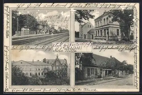 AK Gnadau, Gleispartie am Bahnhof, Geschäftshaus August Friedrich Nachf., Ortspartie