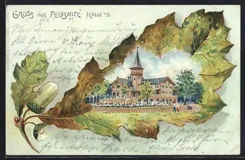 Passepartout-Lithographie Halle a. Saale, Gruss aus der Peissnitz, Eichel und Eichenblatt