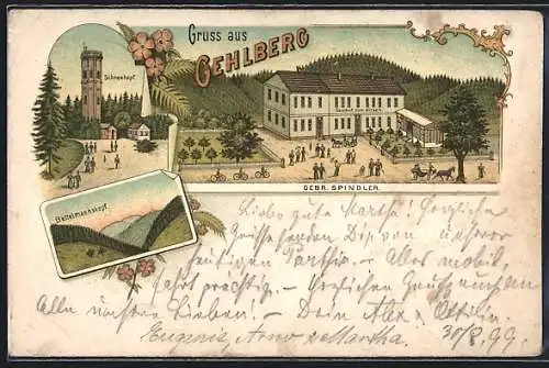 Lithographie Gehlberg, Gasthof zum Hirsch der Gebr. Spindler, Bettelmannskopf, Aussichtsturm Schneekopf