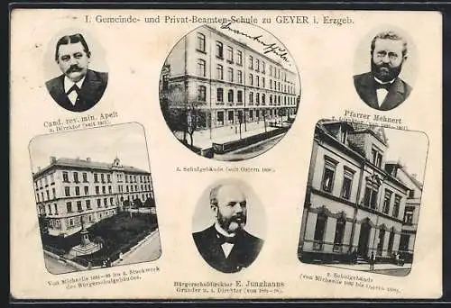 AK Geyer i. Erzgeb., I. Gemeinde- und Privat-Beamten-Schule, 3 Geschäftssitze, Pfarrer Mehnert, Direktor E. Junghans