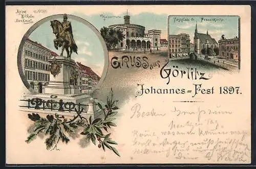 Lithographie Görlitz, Johannes-Fest 1897, Kaiser Wilhelm-Denkmal, Kaisertrutz, Postplatz & Frauenkirche