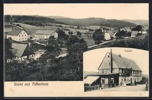 Lithographie Falkenhain / Schmiedeberg, Gasthof und Ortspanorama