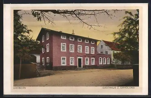 AK Gröbern / Meissen, Gasthaus zur Erholung im Abendlicht