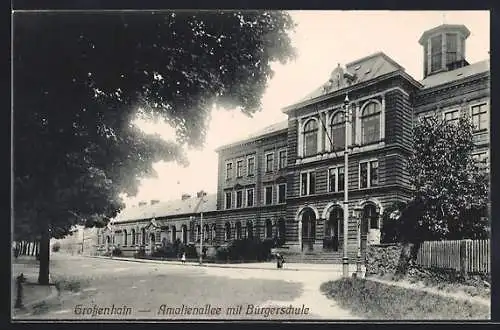 AK Grossenhain / Sachsen, Amalienallee mit Bürgerschule