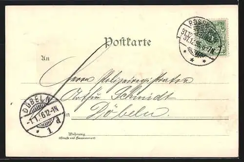 Vorläufer-Lithographie Rosswein, 1895, Stadtsiegel und Totalansicht, Neujahrskarte