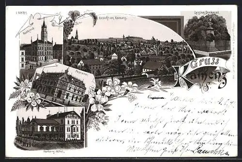 Lithographie Kamenz, Rathaus, Lessing-Denkmal, Postamt, Hotel Hutberg