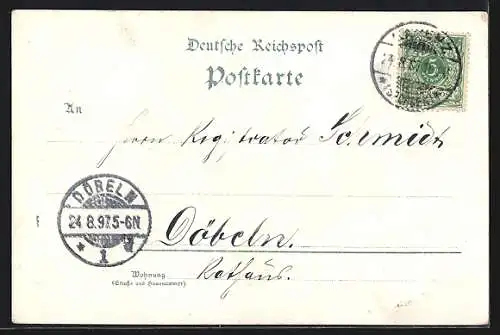 Lithographie Kamenz, Rathaus, Lessing-Denkmal, Postamt, Hotel Hutberg