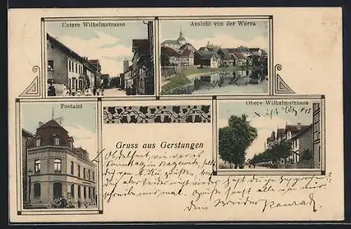 AK Gerstungen, Obere & Untere Wilhelmstrasse, Postamt, Ortsansicht von der Werra